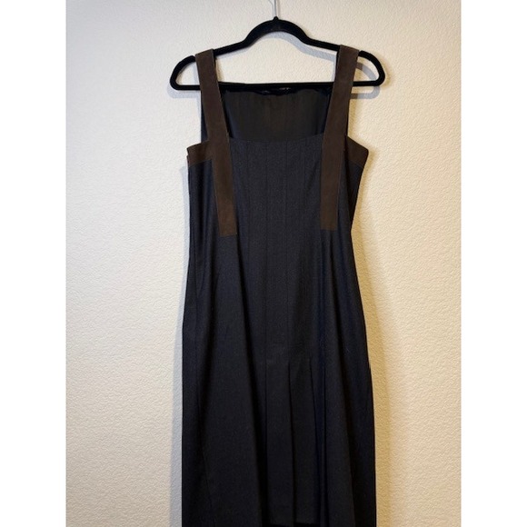 Akris Wool Suede Trim Pleated Midi Dress Navy Blue Brown US 6 - Picture 5 of 6